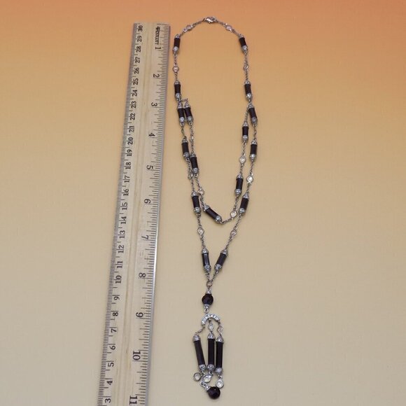Art Deco Style Black Bead Necklace Silver-tone Clear Stone Station 2 Row Layered - Picture 6 of 10